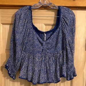 Free People Blue and Cream Floral Blouse